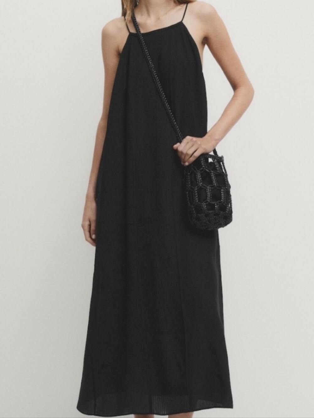 MASSIMO DUTTI MAXI BLACK COTTON, LINEN, VISCOSE DRAPED DRESS, XS NWOT